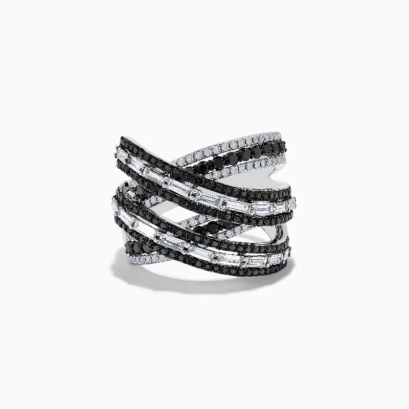 14K White Gold Black and White Diamond Criss Cross Ring