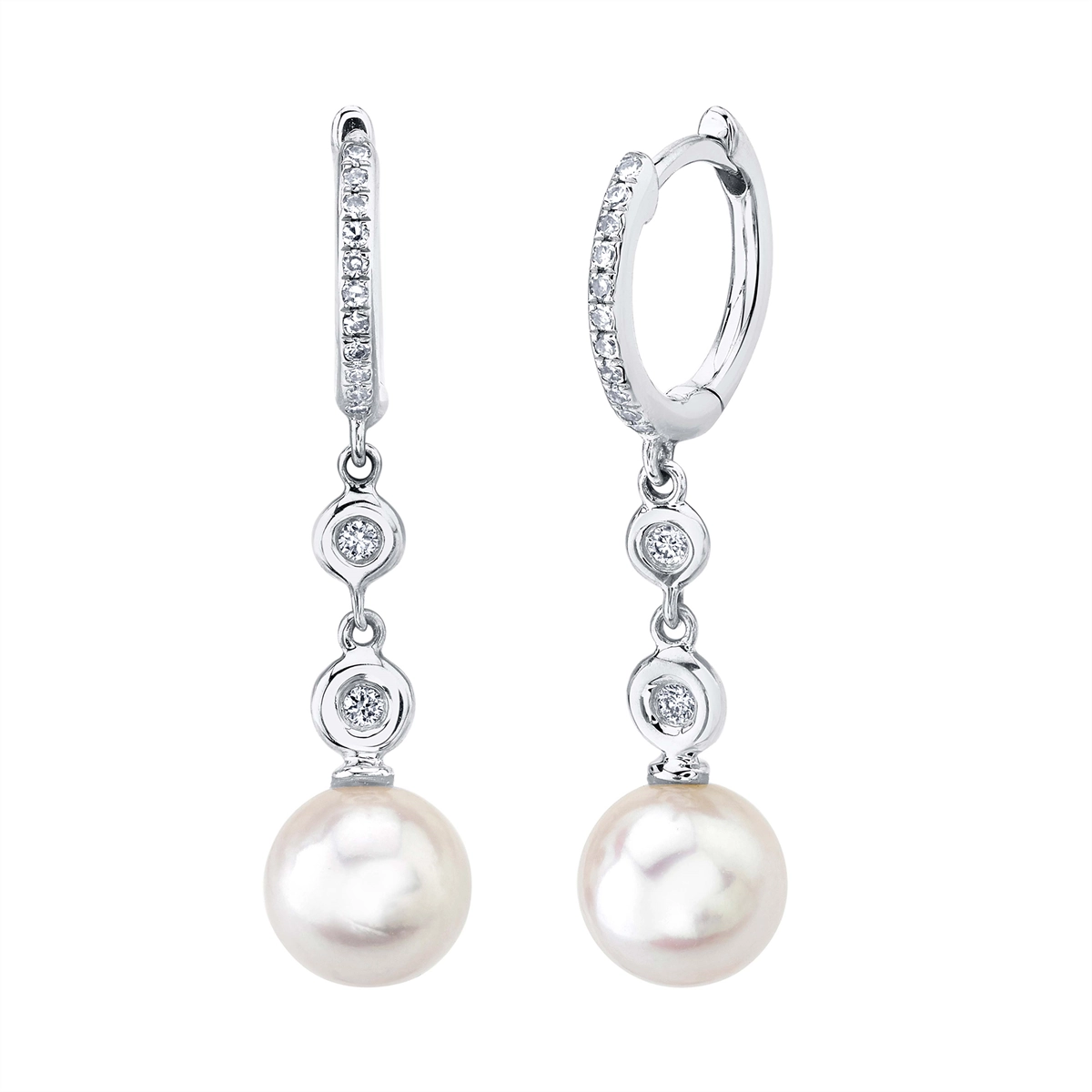 14K White Gold Diamond and Cultured Pearl Earrings