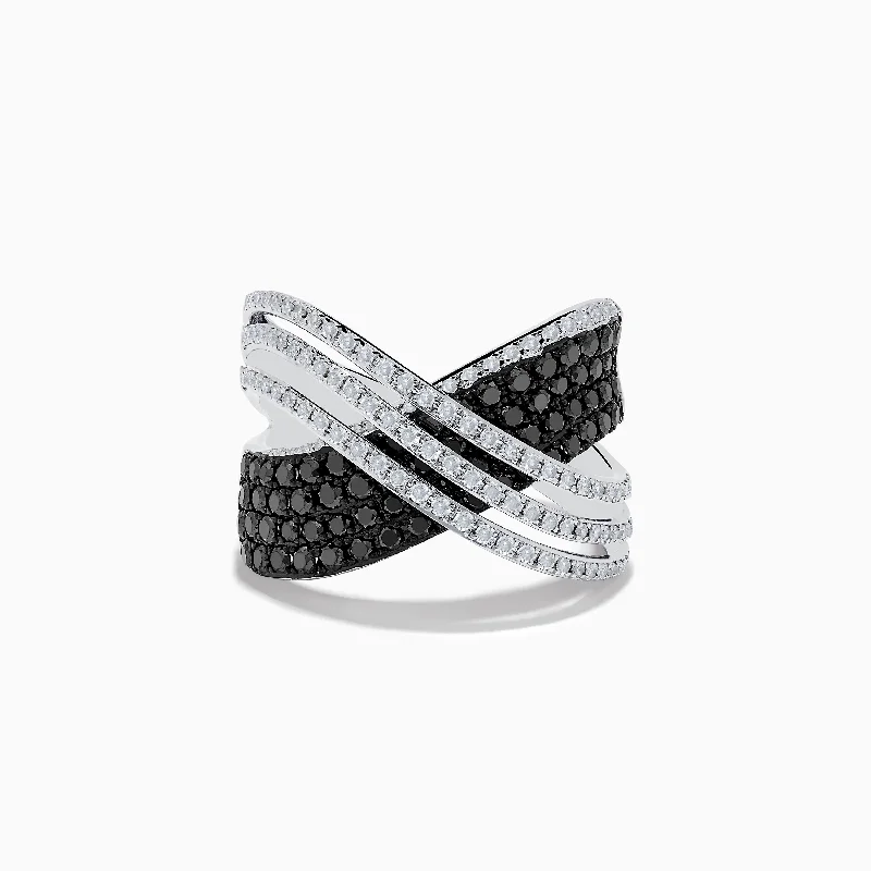 14K White Gold White and Black Diamond Criss Cross Ring