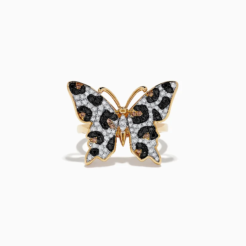 14K Yellow Gold Black, Brown, and White Diamond Butterfly Ring