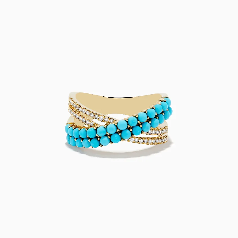 14K Yellow Gold Turquoise and Diamond Criss Cross Ring