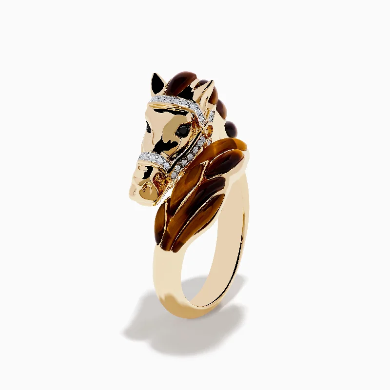 14K Yellow Gold White and Black Diamond Tiger Eye Horse Ring