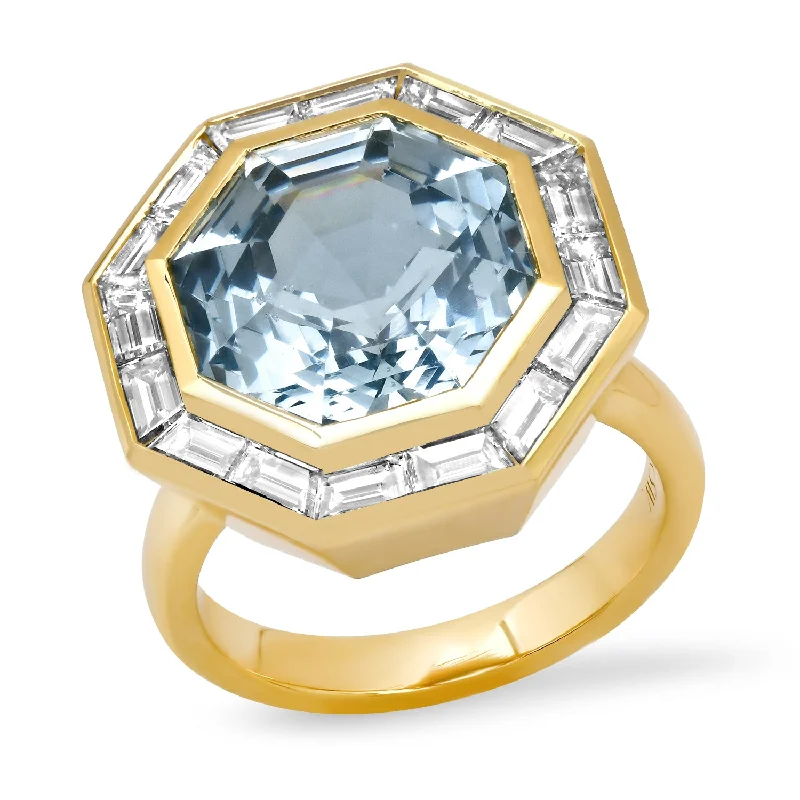 14K YG Bia Brazilian Aquamarine and Diamond Baguette Ring