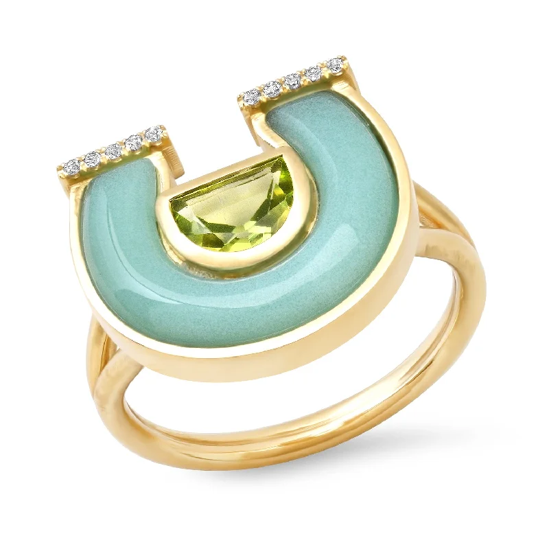 14K YG Peridot, Chrysoprase and Diamond Horseshoe Ring