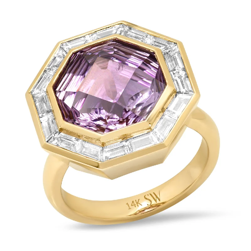 14K YG Bia Rose de France Amethyst and Diamond Baguette Ring