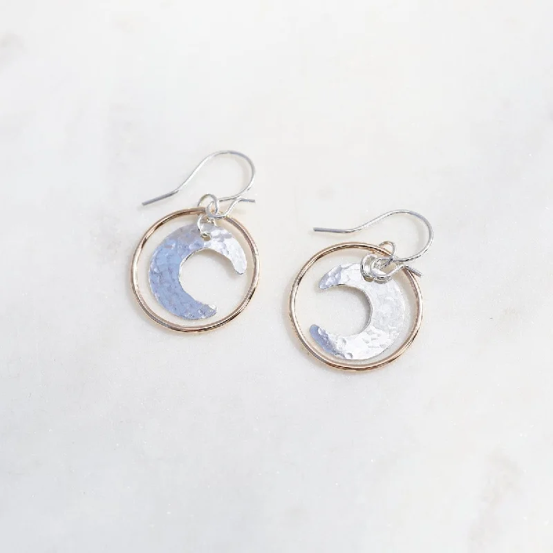 Sterling Silver Hammered Moon in Gold Filled Circle Dangle Earrings