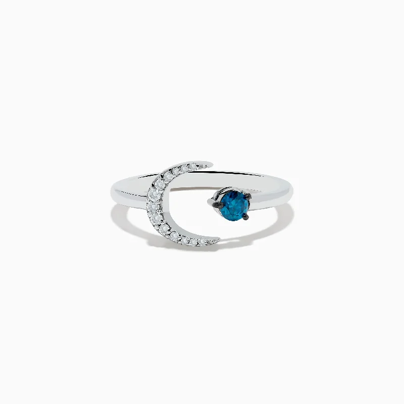 Bella Bleu 14K White Gold White and Blue Diamond Crescent Moon Ring