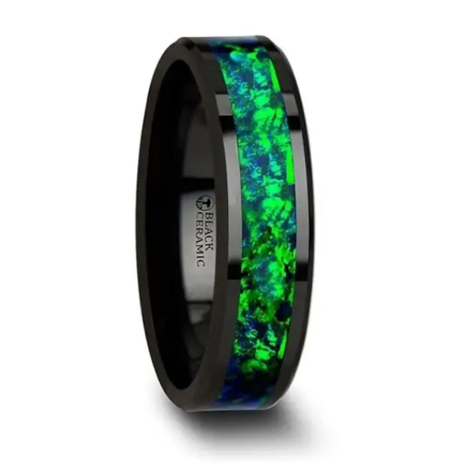 Black Ceramic 6mm Band with Blue Green Opal Inlay