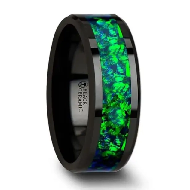 Black Ceramic 8mm Band with Blue Green Opal Inlay