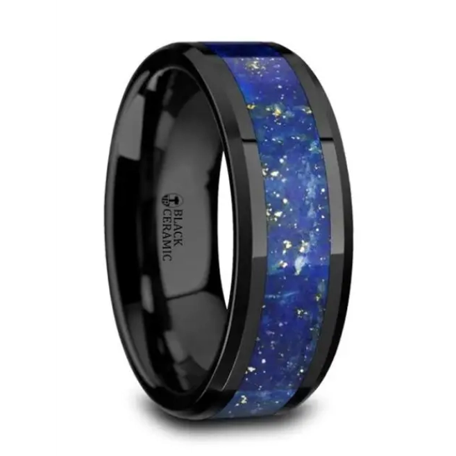 Black Ceramic 8mm Band with Blue Lapis Inlay