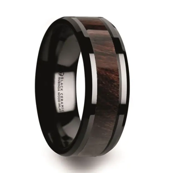 Black Ceramic 8mm Band with Bubinga Wood Inlay