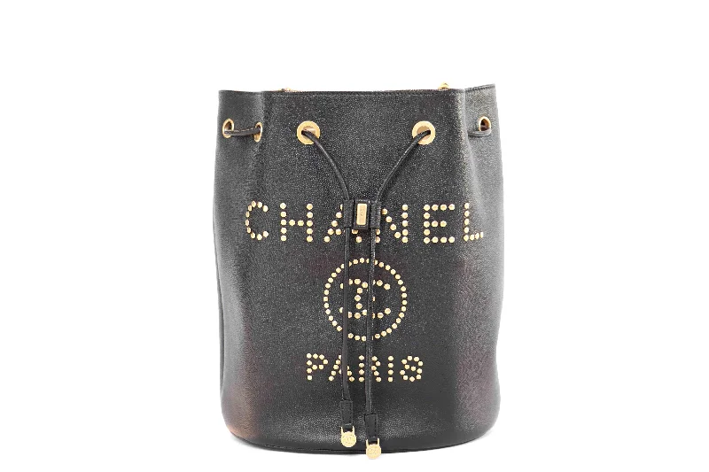 Chanel Caviar Deauville Drawstring Black Bucket Bag