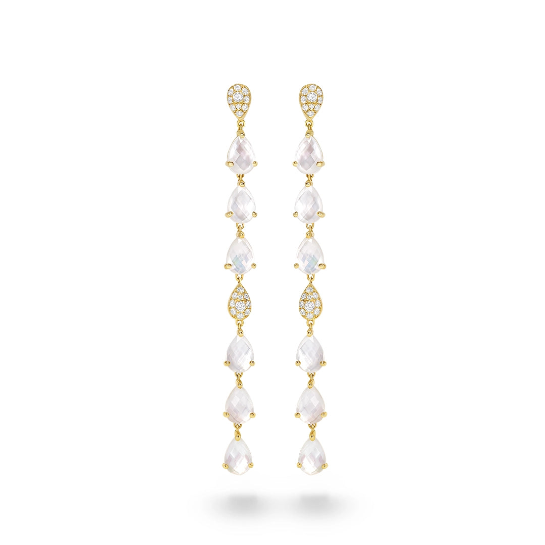 Doves 18K Yellow Gold Diamond Earrings with Clear Quartz over Mother of Pearl Doublet