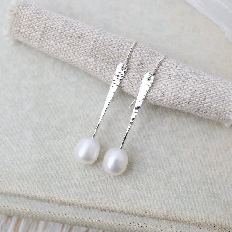 Silver Stick Earrings with Pearl - Small