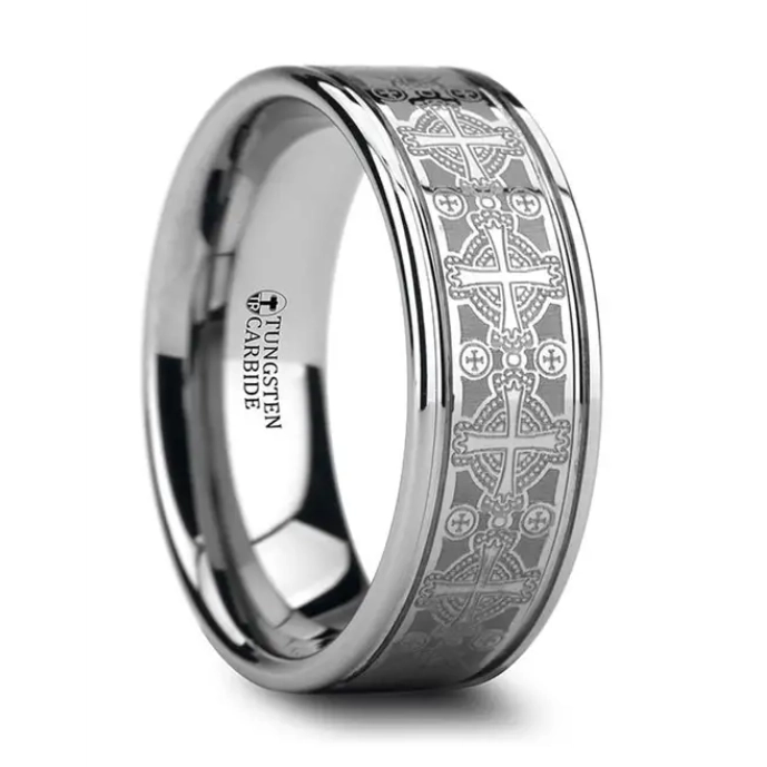 Flat Tungsten 8mm Ring with Engraved Celtic Crosses