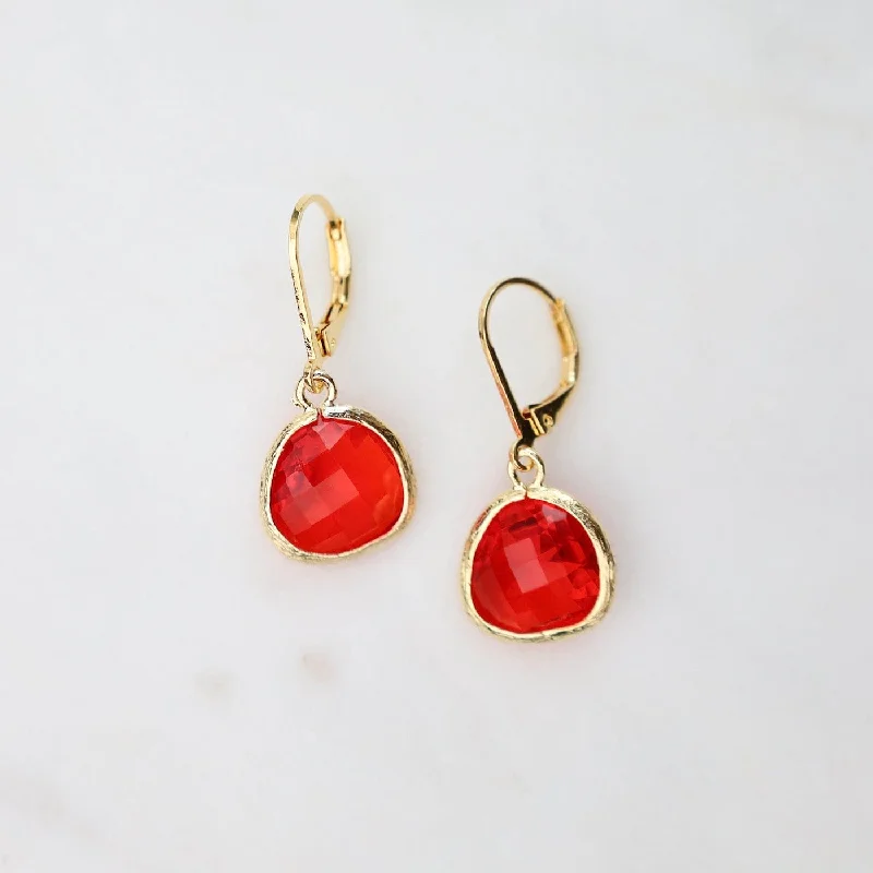 Gold Plated Red Crystal Lever Back Earrings