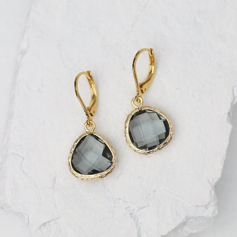 Gold Plated Leverback Smoke Gray Gemstone Earrings