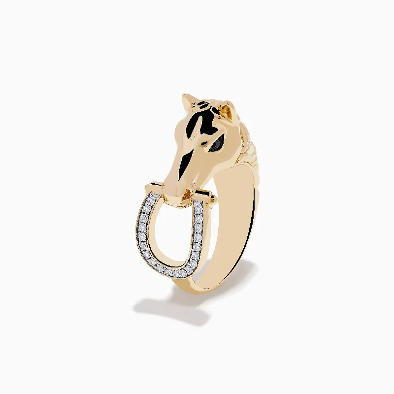 Men's 14K Yellow Gold Black and White Diamond Horse Ring