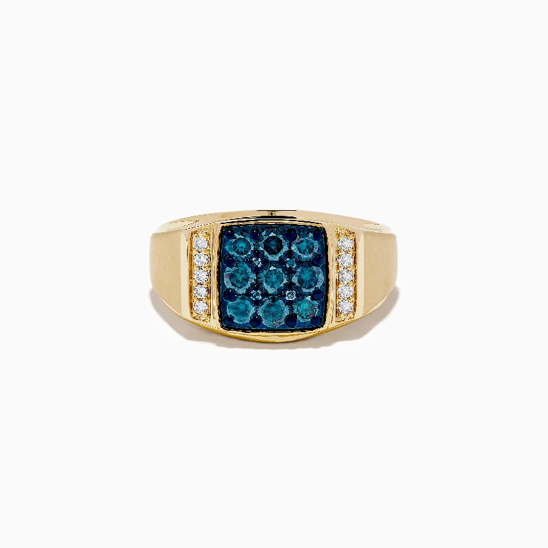 Men's 14K Yellow Gold Blue and White Diamond Ring