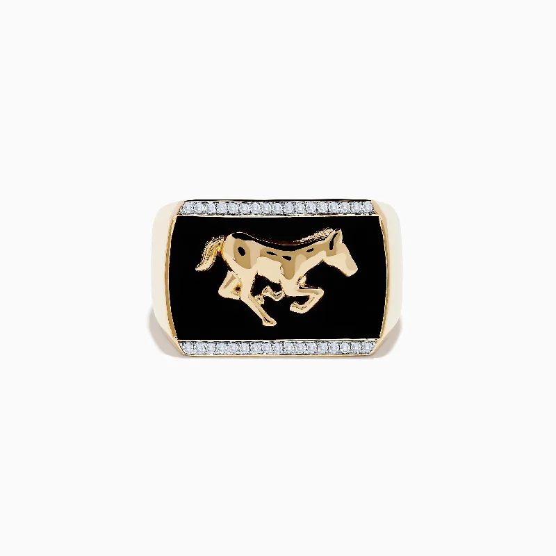 Men's 14K Yellow Gold Onyx and Diamond Running Horse Ring