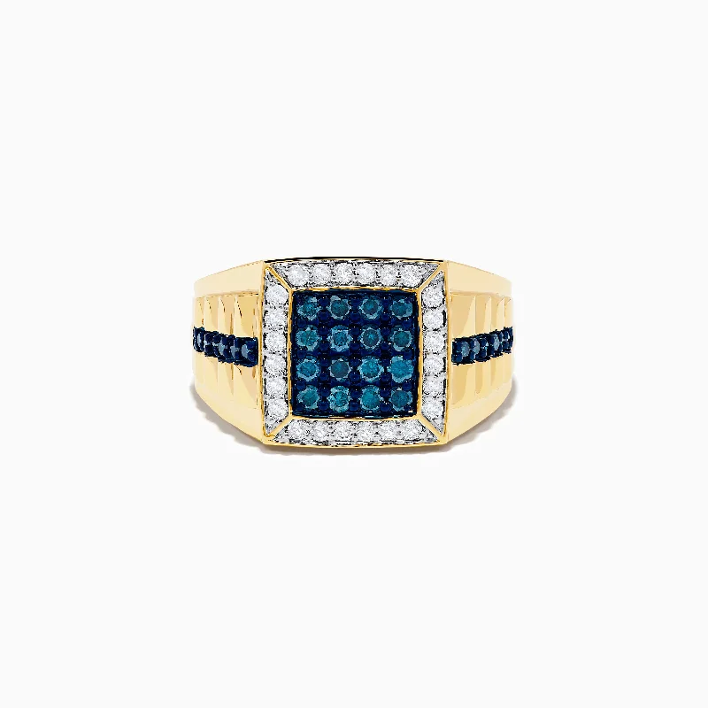 Men's 14K Yellow Gold White and Blue Diamond Ring