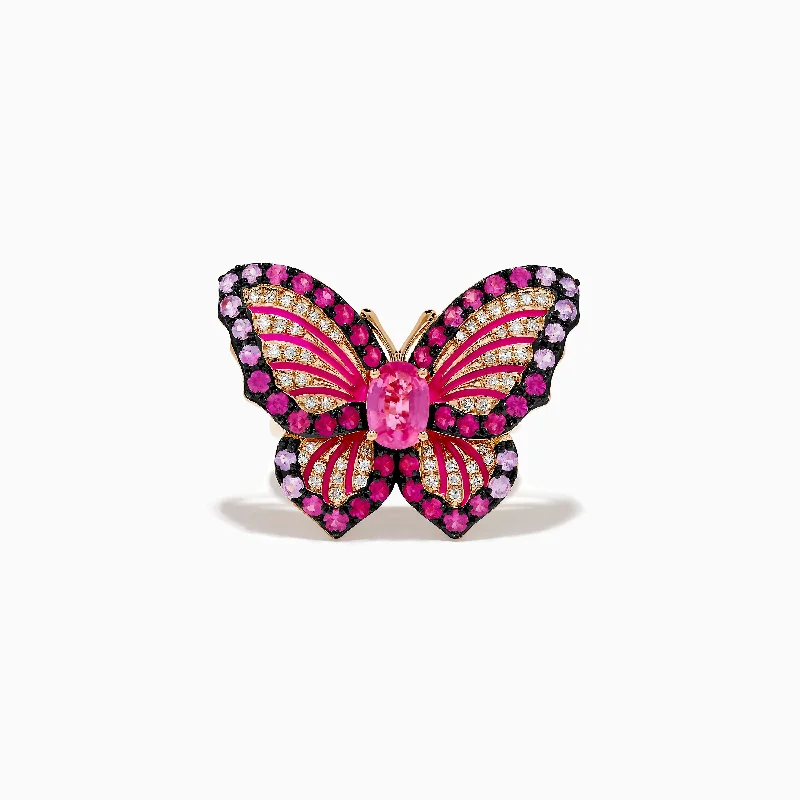 Nature 14K Rose Gold Pink Sapphire, Ruby and Diamond Butterfly Ring