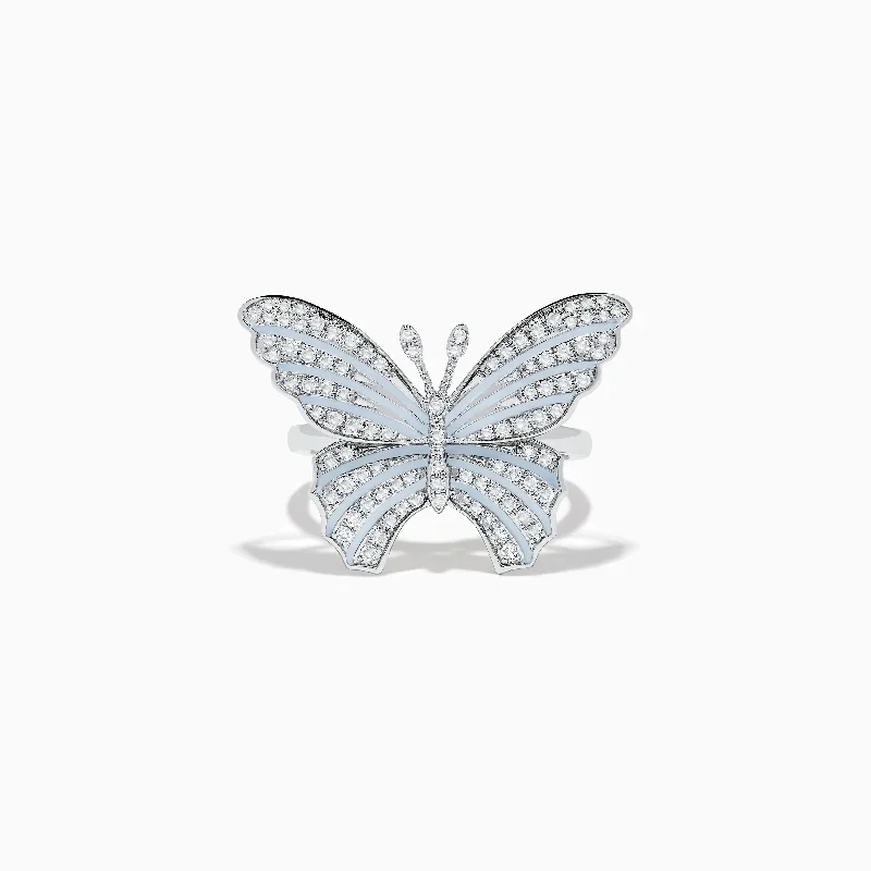 Nature 14K White Gold Diamond with White Enamel Butterfly Ring