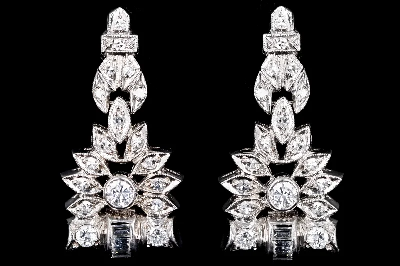 Retro Platinum 1 CTW Round Brilliant, Single Cut, and Baguette Cut Diamond Watch Conversion Dangle Earrings