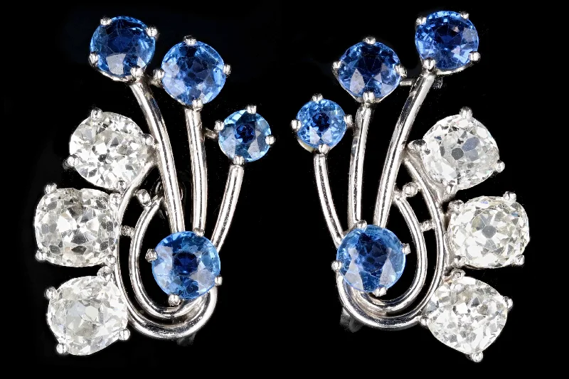 Art Deco Platinum 3.3CTW Old Mine Cut Diamond and 1.7CTW Natural Yogo Gulch Sapphire Earrings