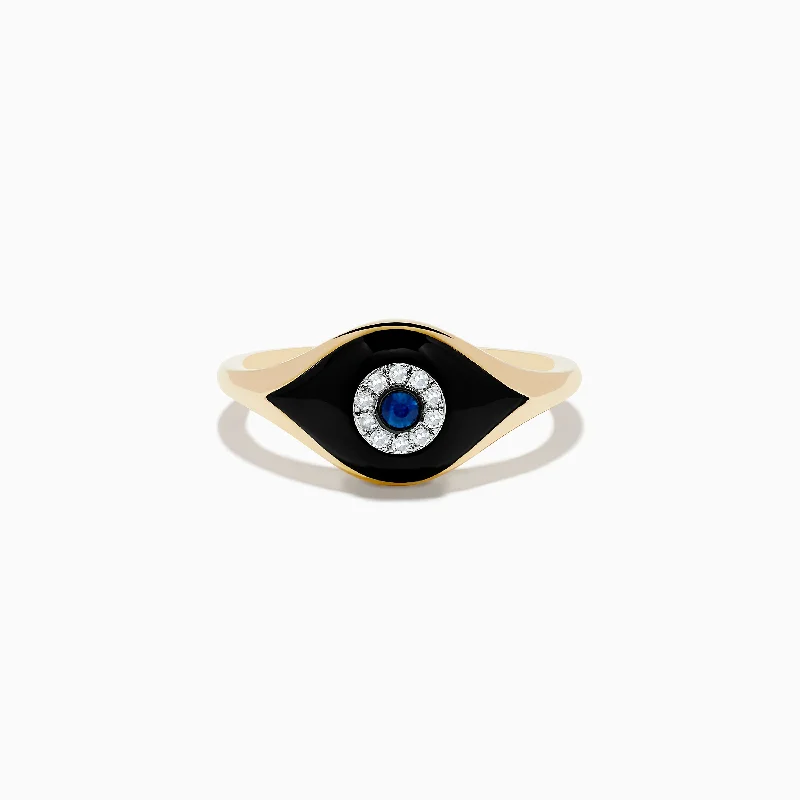 Novelty 14K Yellow Gold Sapphire Agate and Diamond Evil Eye Ring