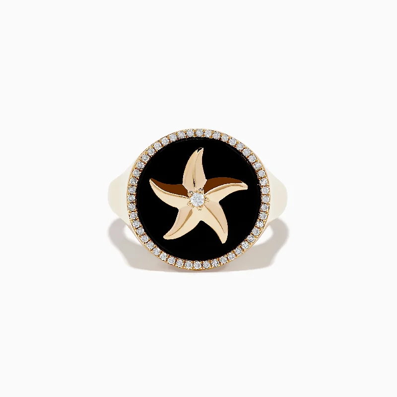 Seaside 14K Yellow Gold Black Agate and Diamond Starfish Ring