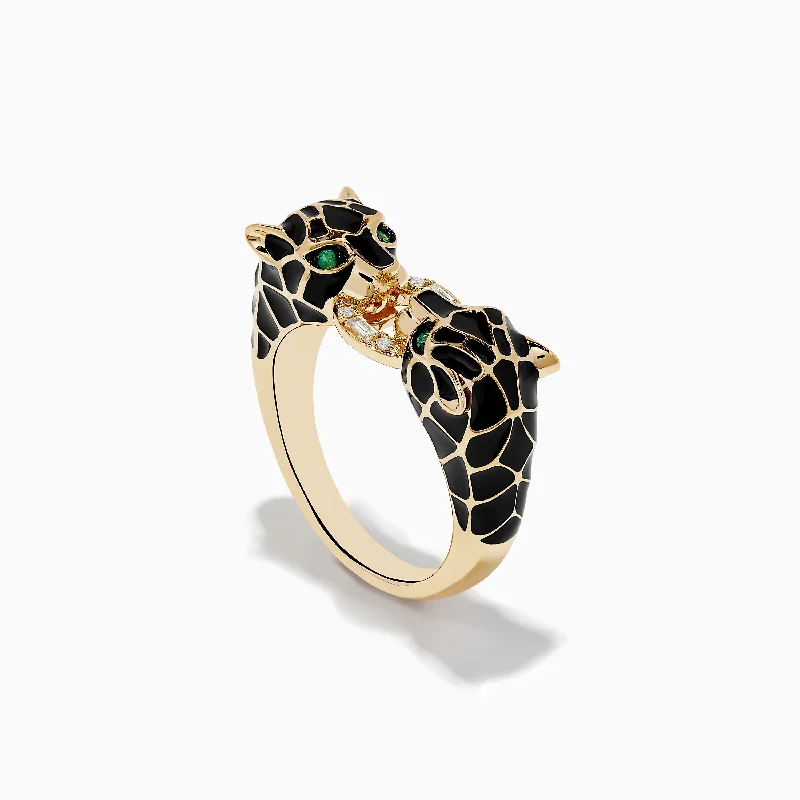 Signature 14K Yellow Gold Emerald and Diamond Black Enamel Panther Ring