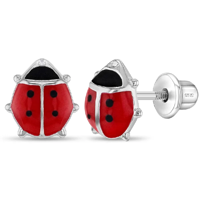 Adorable Red Enamel Ladybug Girl Earrings - Screw Back