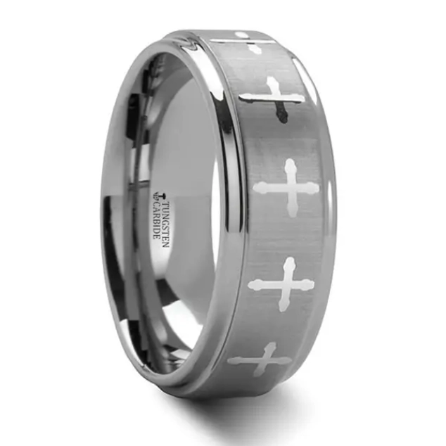 Tungsten 8mm Band with Raised Engraved Crosses Center