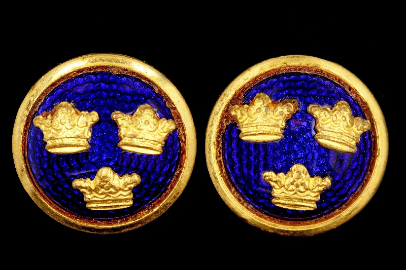 Vintage 14K Yellow Gold and Brass Bastille Crown Cufflink Conversion Earrings