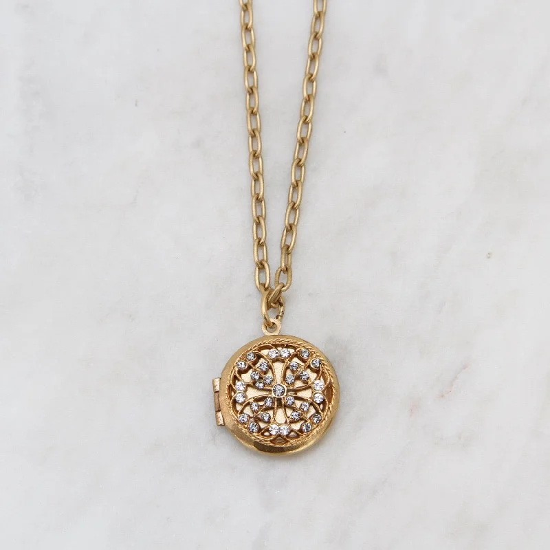 Oval Link Chain Necklace with Crystal Filigree Locket