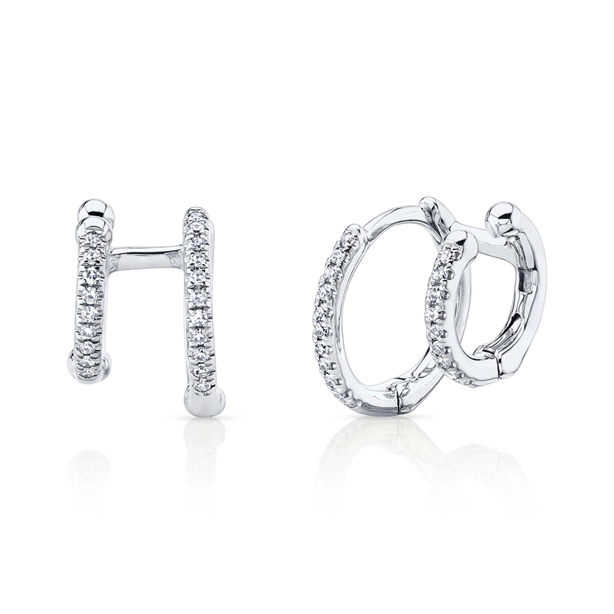 14K White Gold Diamond Double Huggie Earrings