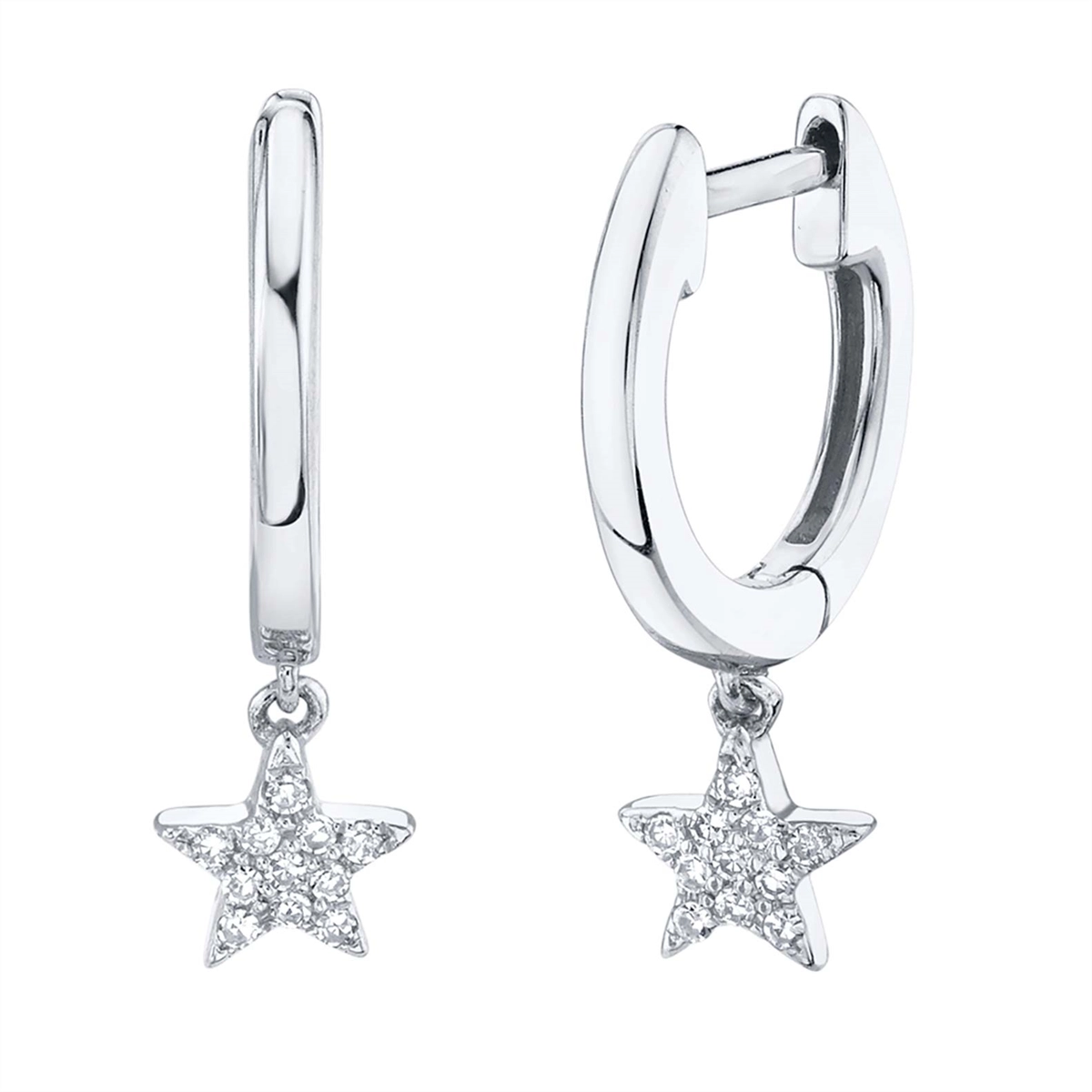 14K White Gold Diamond Star Huggie Earrings