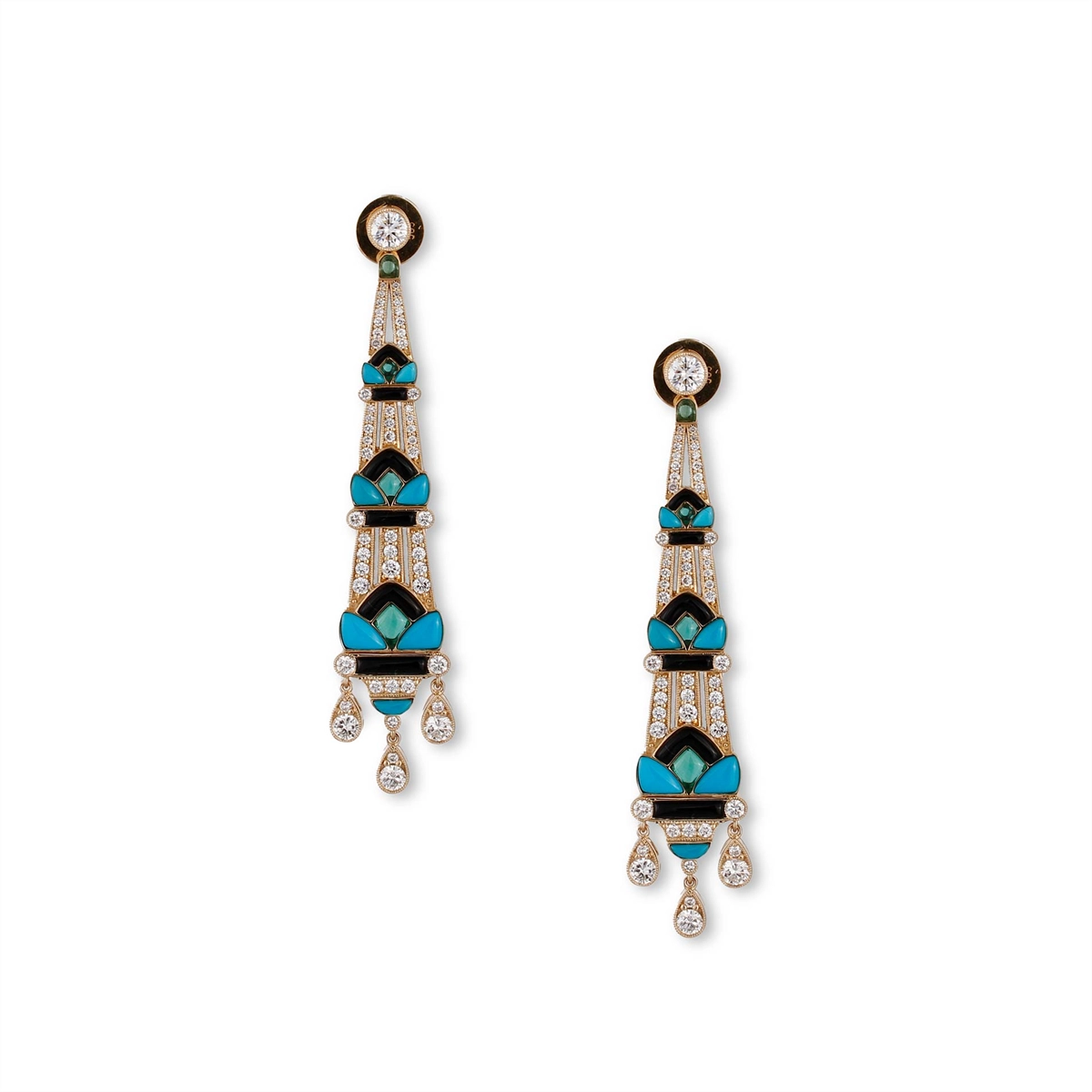 14K Yellow Gold Dangle Earrings with Diamonds, Black Onyx, Turquoise, and Syn Emerald