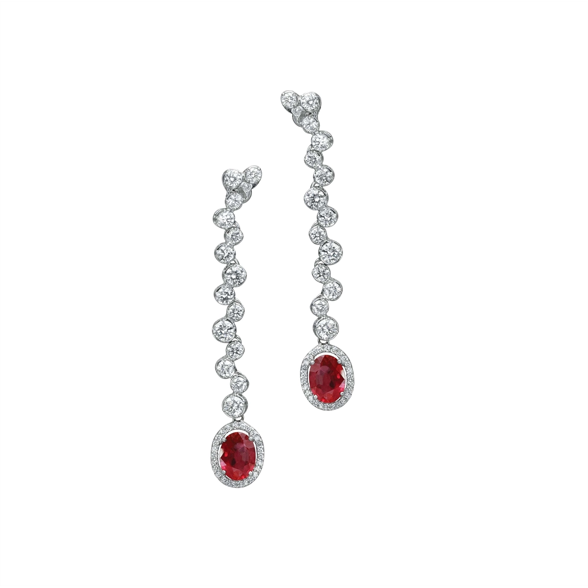 18K White Gold Diamond Dangle Earrings w/ Ruby on End