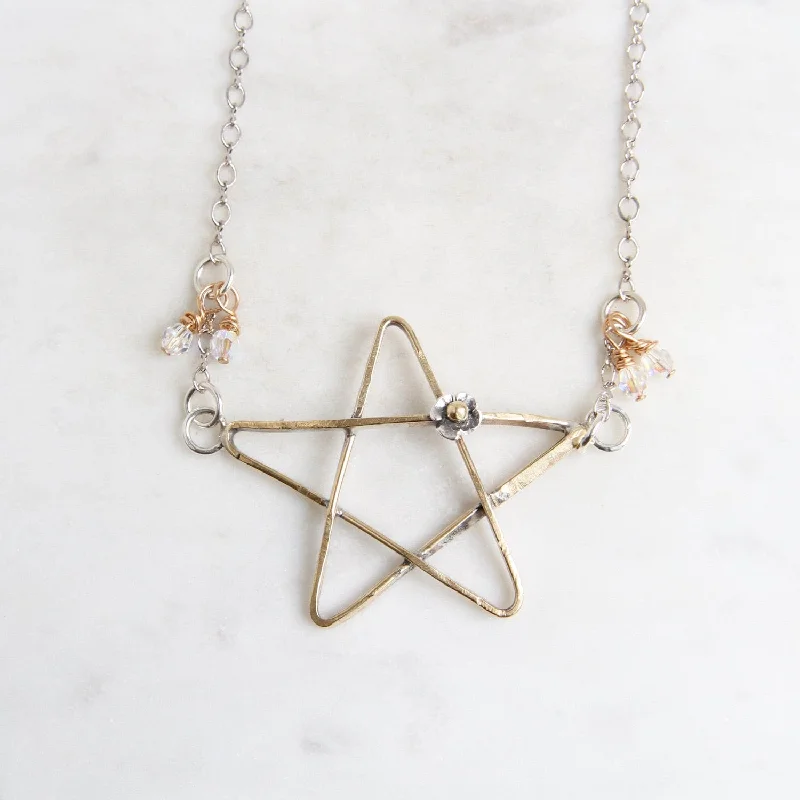 Brass Ribbon Star & Flower Necklace