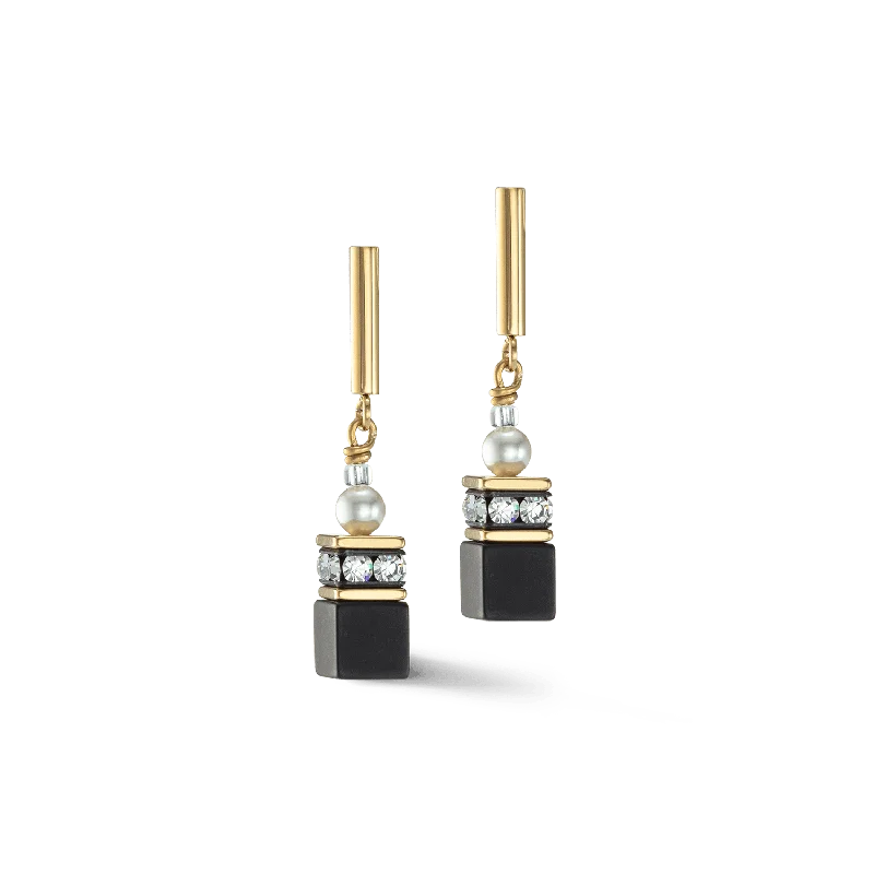 Black & Gold GeoCube Pearl Earrings