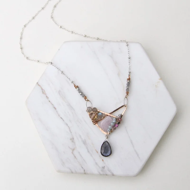 Hand Formed Bronze Crossed Triangle Chocolate Moonstone Necklace