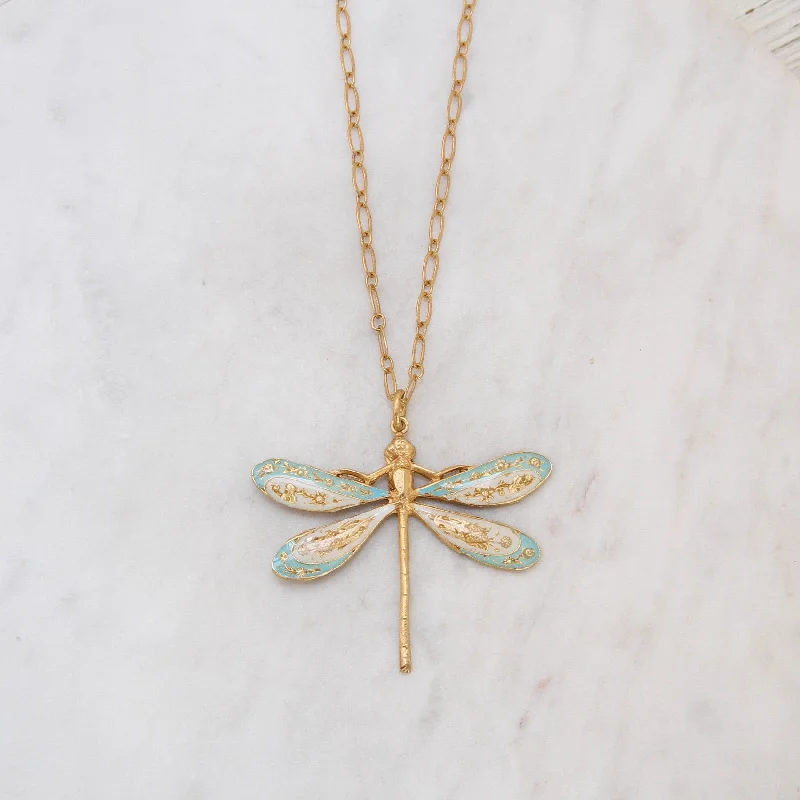 Enamel Dragonfly Necklace in Light Blue & White