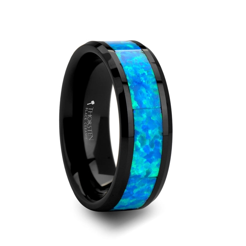 Black Ceramic Band with Blue Green Opal Inlay