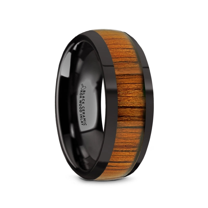 Black Ceramic Domed Band with Koa Wood Inlay