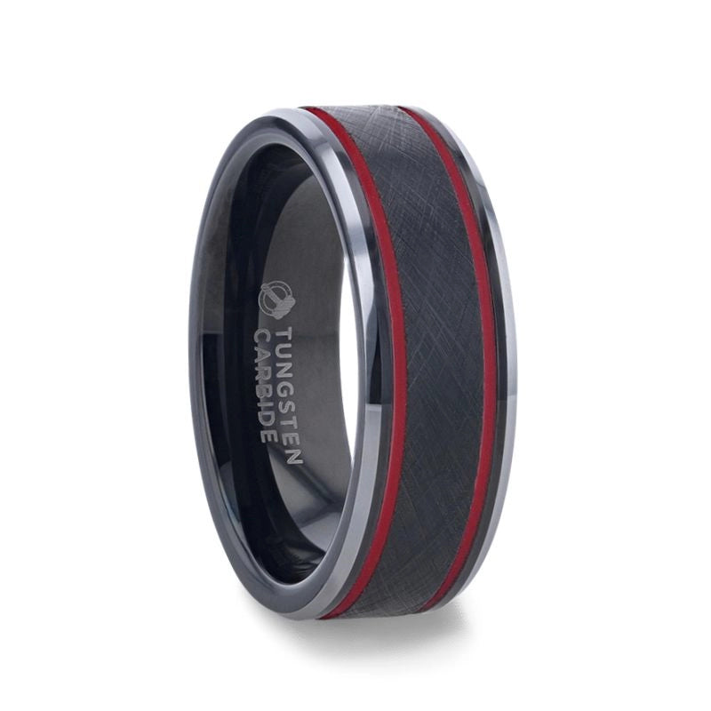 Black Tungsten Band with Double Red Stripe Edges