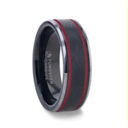 Black Tungsten Band with Double Red Stripe Edges