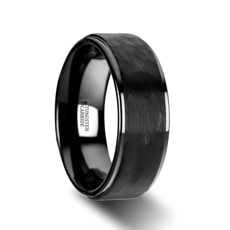 Black Tungsten Carbide Band with Raised Hammer Finish Step Edge