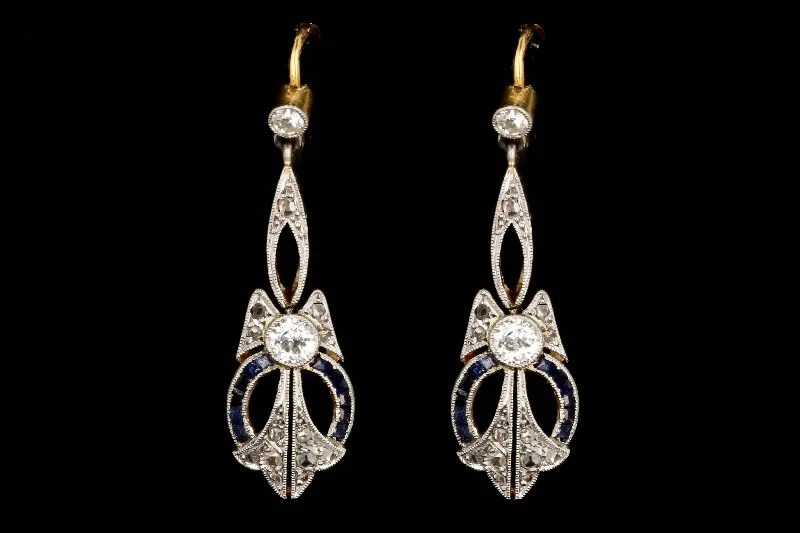 Edwardian French 18K Yellow Gold & Platinum Diamond and Sapphire Earrings